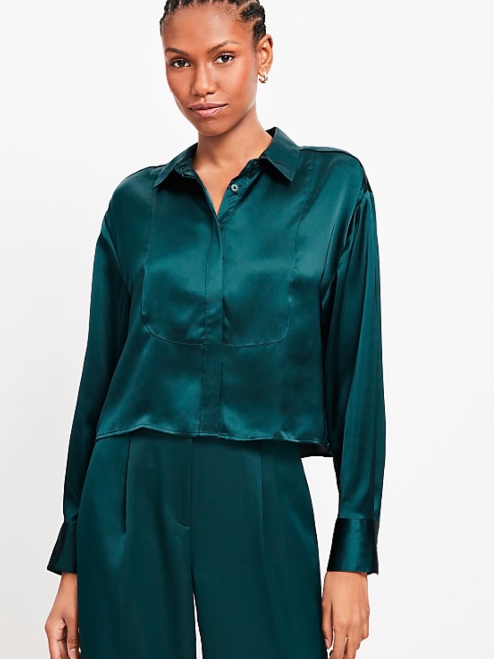Satin Long-Sleeve Button-Front Top in emerald